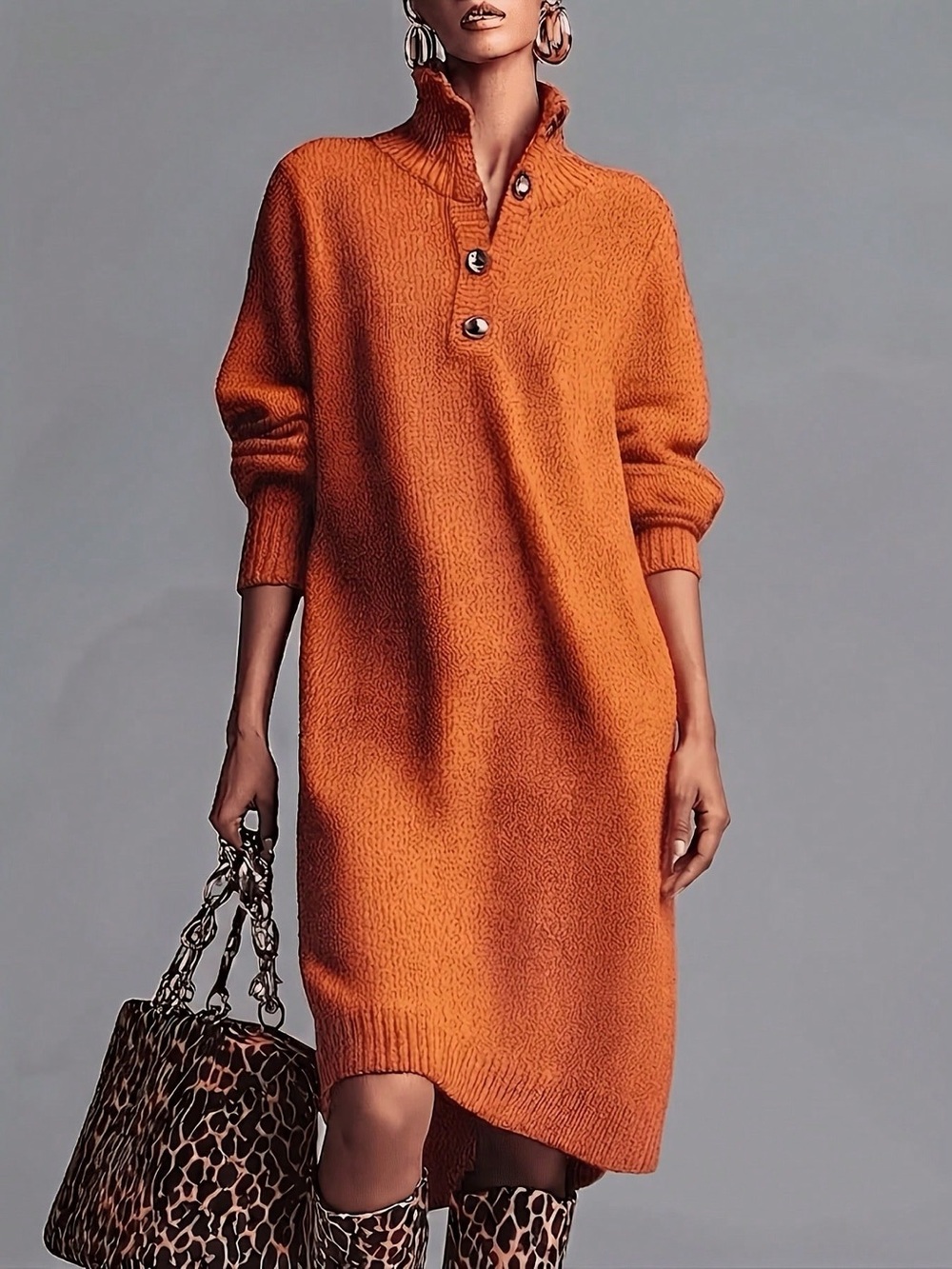 Women's Orange Button-Neck Knit Dress